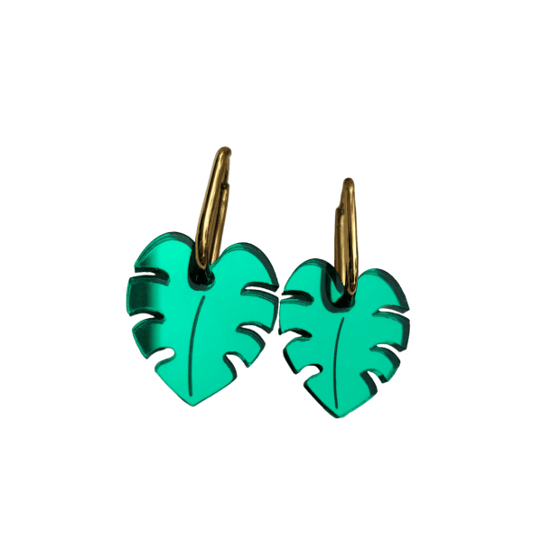 Pendientes Hojas, metacrilato efecto espejo, estilo moderno y colorido.