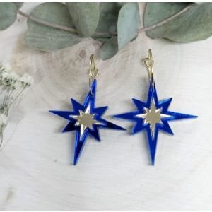 Pendientes Estrella de Navidad de metacrilato efecto espejo y marmoleado, a corte laser, estilo moderno y colorido.
