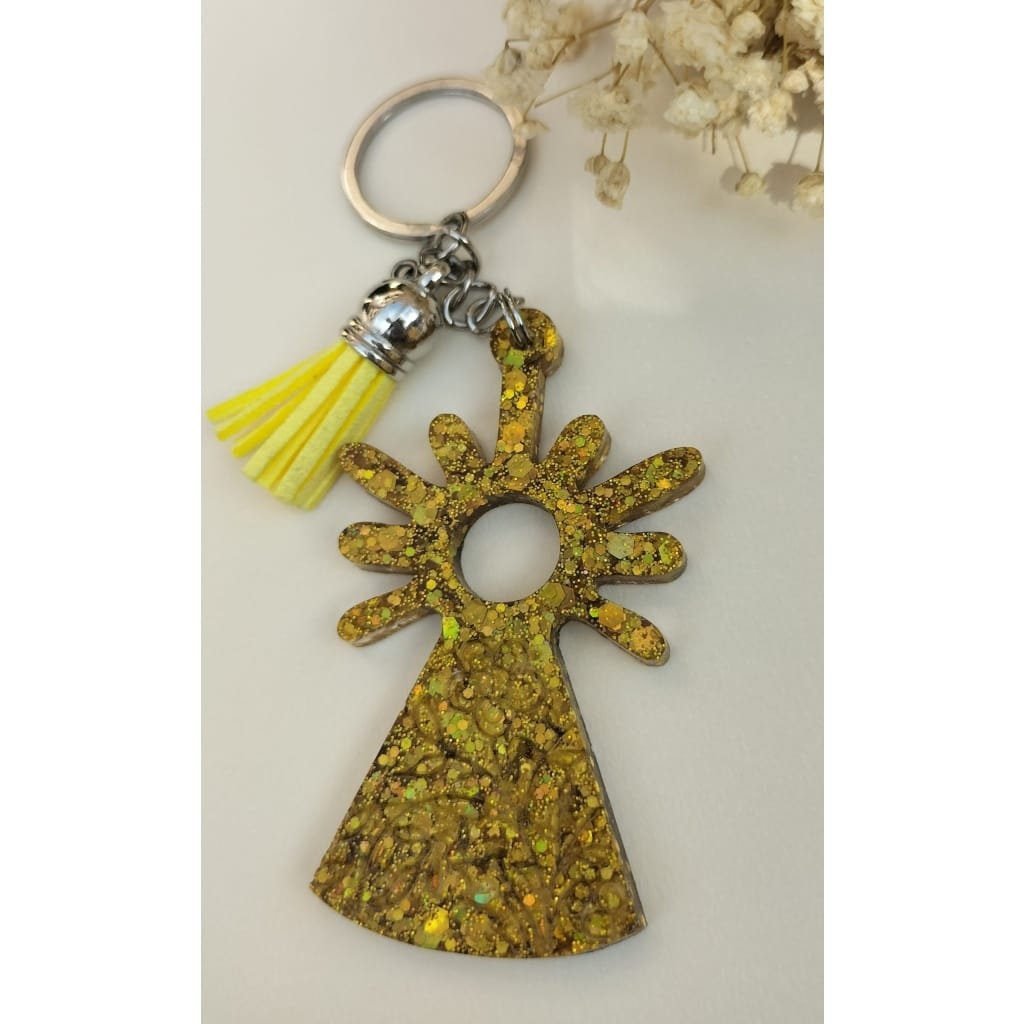 Llavero virgen del Pilar resina epoxi con purpurina