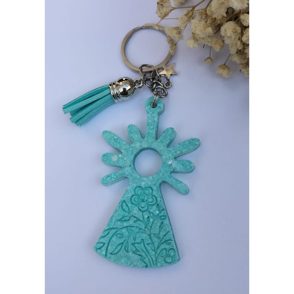 Llavero virgen del Pilar resina epoxi con purpurina