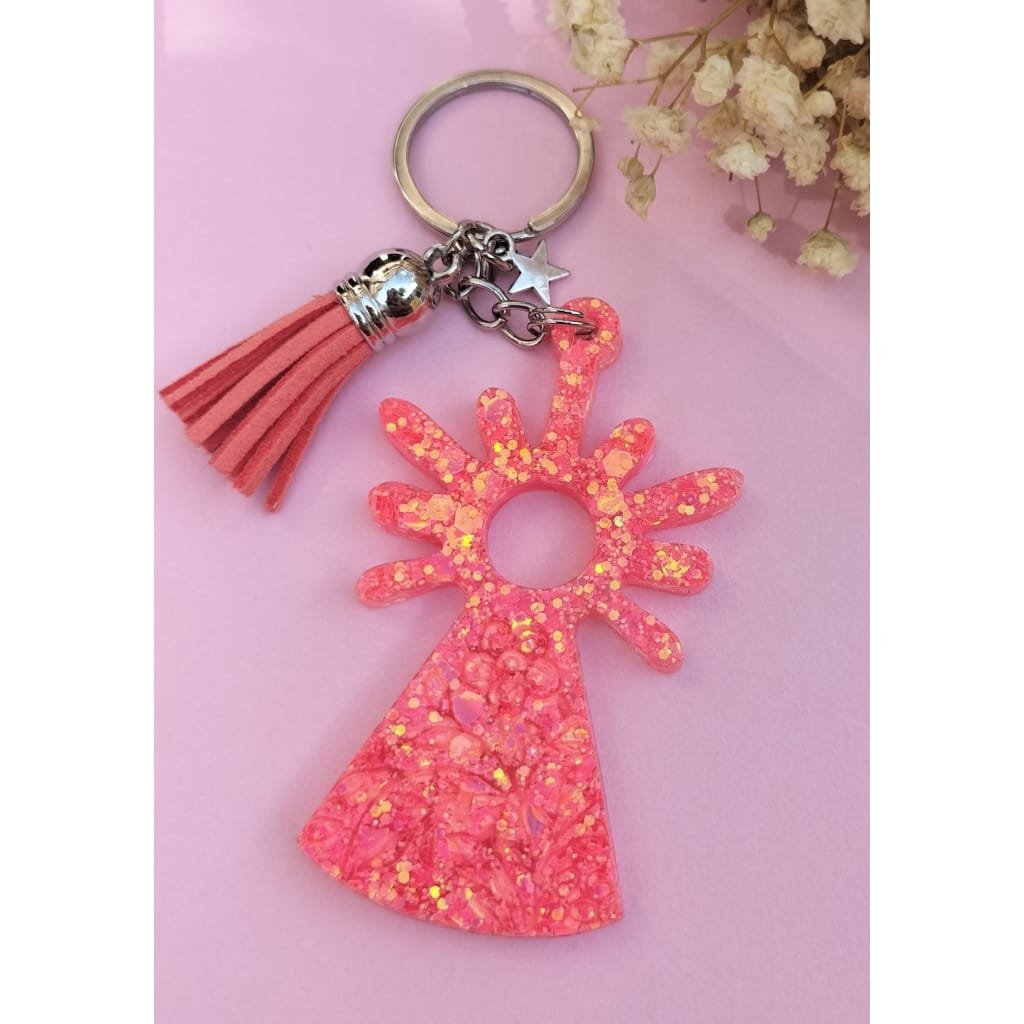 Llavero virgen del Pilar resina epoxi con purpurina