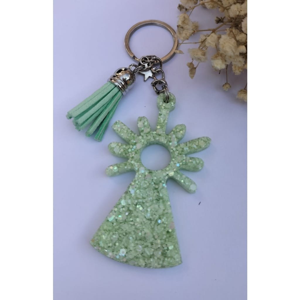 Llavero virgen del Pilar resina epoxi con purpurina