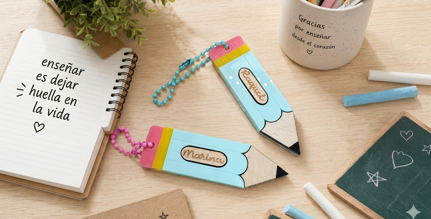 Llavero Lápiz Personalizado para Profes ¿Buscas un regalo original para profesores que sea útil, bonito y emocionante? Nuestro Llavero Lápiz Personalizado es el detalle perfecto para agradecer a esos maestros y maestras que ponen el corazón en cada clase. Este llavero no es un accesorio cualquiera. Está fabricado combinando metacrilatos de importación de alta calidad con colores vibrantes y madera natural, creando un diseño que imita el clásico lápiz de escuela con un toque moderno y elegante. Calidad y Precisión Artesanal: Utilizamos tecnología de corte y grabado láser de alta precisión. Esto nos permite que el nombre del profesor o profesora quede grabado de forma impecable y permanente sobre la madera, con un acabado limpio y profesional que marca la diferencia. Características principales del Llavero Lápiz Personalizado para Profes Tamaño ideal: Con unas dimensiones de 7 x 2 centímetros, es perfecto para llevar en las llaves, colgado en la mochila o en el bolso del colegio. Personalización única: Grabamos el nombre que tú elijas. Un detalle exclusivo que hará que el profe se sienta especial. Materiales Premium: La combinación de metacrilato resistente y madera le otorga una durabilidad excepcional. Colores muy bonitos: Diseño en tonos pastel (azul, amarillo y rosa) que combinan con cualquier estilo. Precio inmejorable: Un detalle de alta gama a un precio muy económico, ideal tanto para regalos individuales como para detalles conjuntos de toda la clase. Sorprende a los maestros, profes de infantil, primaria o secundaria con un detalle que llevarán siempre consigo. ¡Porque enseñar es dejar huella en la vida, y este llavero es el mejor recordatorio de ello!